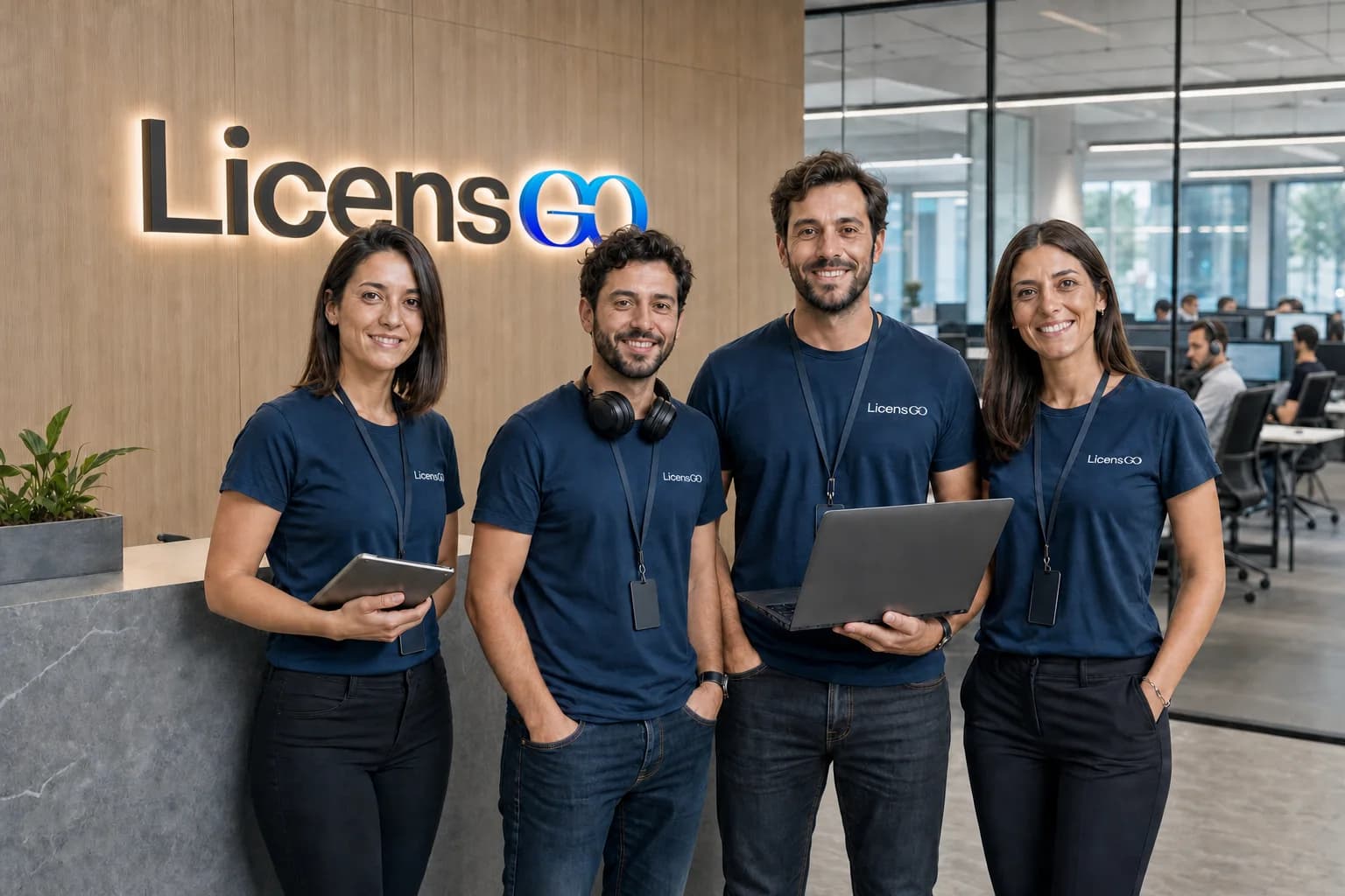 El equipo de Licensgo en la recepción de la oficina, con el rótulo en la pared y el equipo comercial trabajando