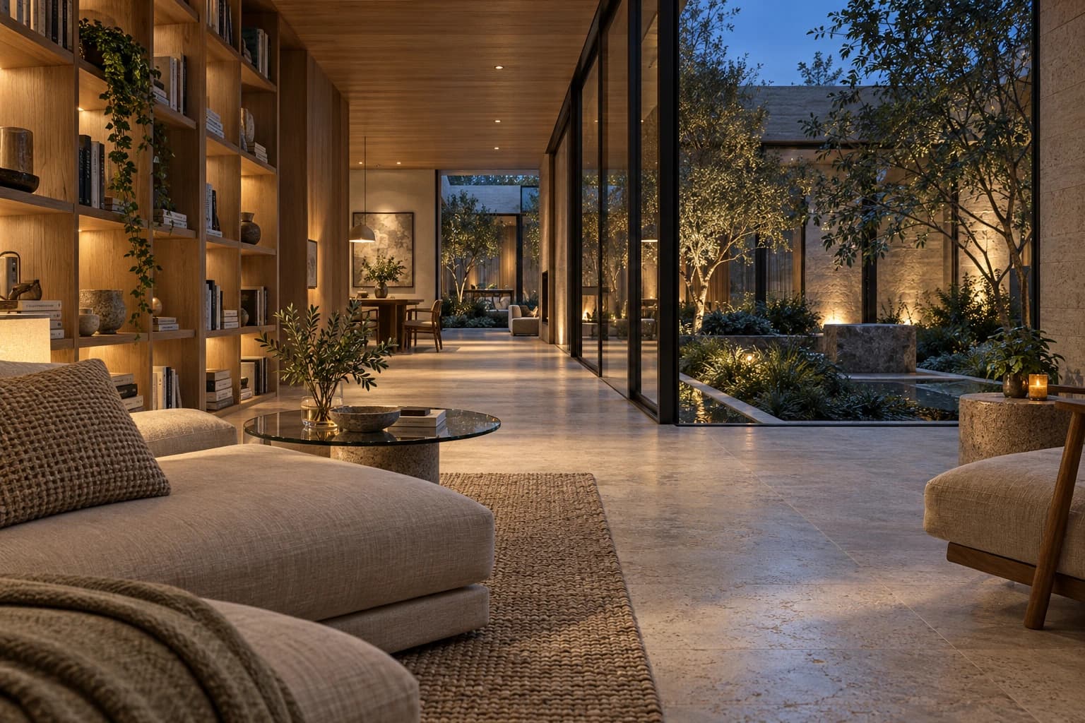 Biblioteca contemporánea de madera y piedra iluminada al atardecer, con vistas a un patio verde.