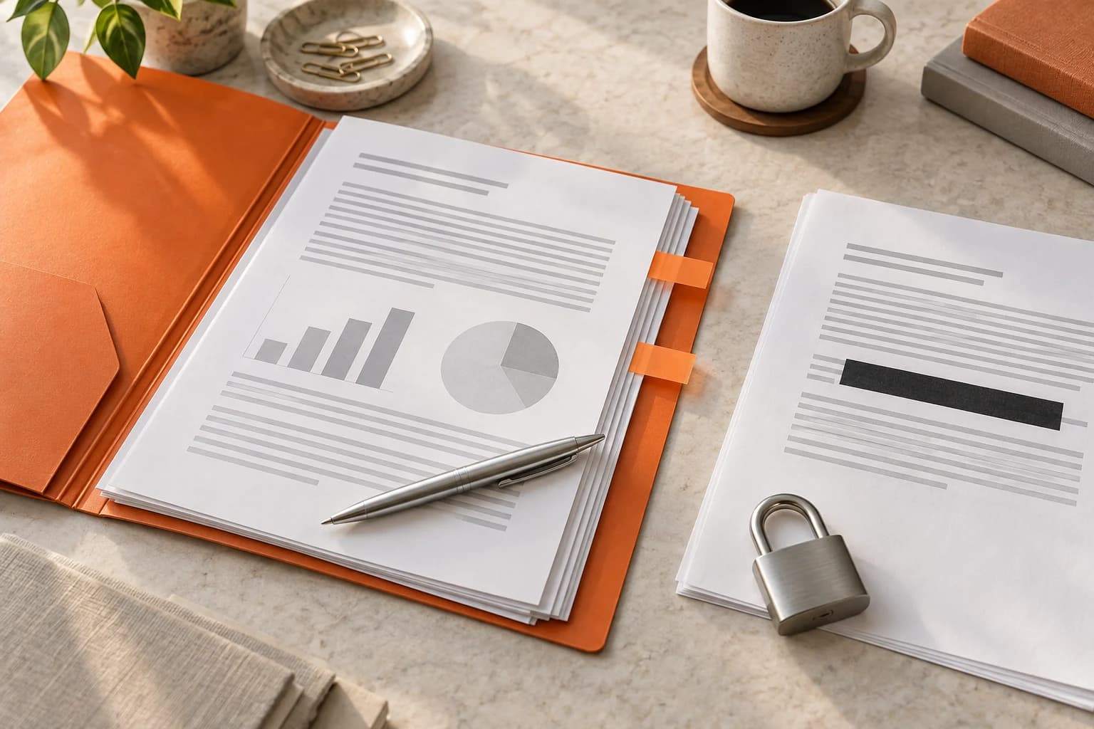 Dossier en una carpeta naranja con un bolígrafo y marcapáginas, junto a una página con una línea censurada y un candado.