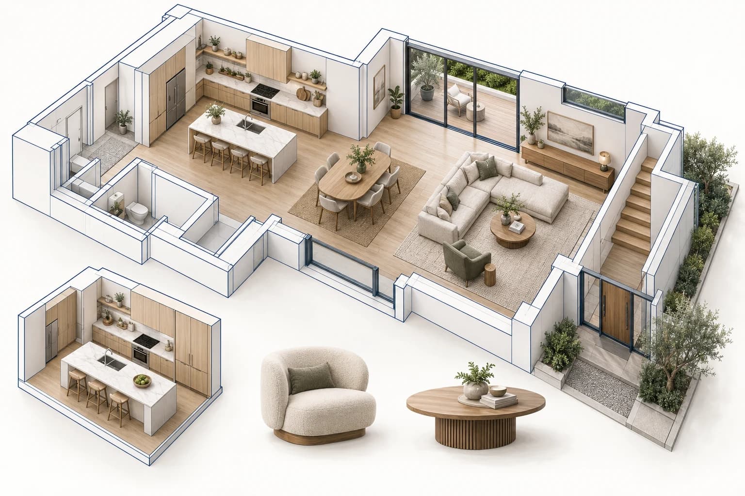 Modelo axonométrico de un piso con cocina y salón, una variante con isla y componentes de mobiliario separados.